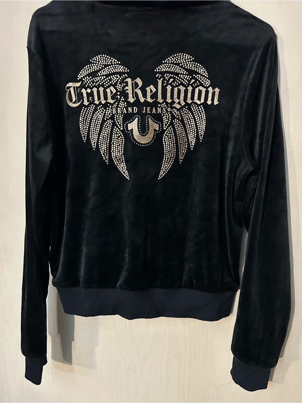 True Religion Black Velour Rhinestone Zip Up Hoodie Women’s Large Y2K